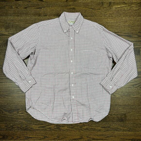 LL Bean Shirt Mens Large Cotton Red Black Stripe Button up Long Sleeve Classic - Picture 1 of 8